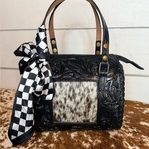 Black Tooled Leather Satchel with Cowhide Panel and Scarf/ mini speedy